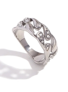 欧美小众设计创意爆款手饰不锈钢镀18k金水滴回纹交错带钻戒指女