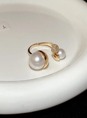 真金电镀锆石珍珠开口戒指法式复古气质食指戒新款时尚手饰女