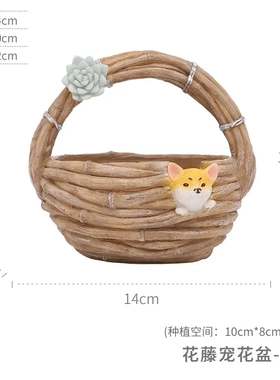 如果创意款仿真乡村竹篮花盆园艺微景观桌面树脂小花盆