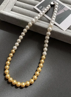 简约撞色珍珠项链法式复古气质串珠锁骨链时尚新款项饰女
