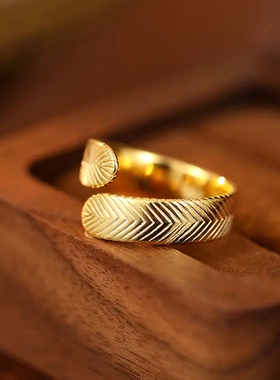 s925银韩式小众羽毛戒指女简约时尚ins风开口指戒银饰