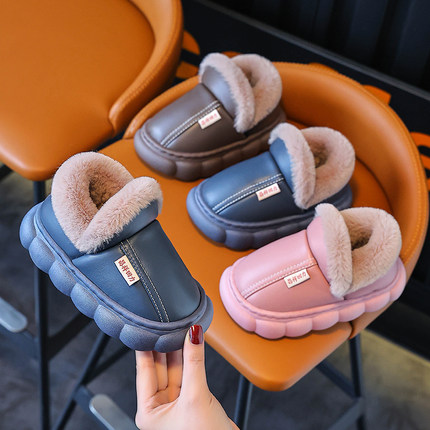 2025秋冬季棉拖鞋男女童防水pu厚底防滑室内家居冬天加绒保暖棉拖