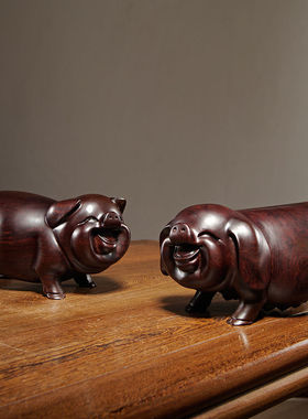 黑檀实木质雕刻一对猪摆件花梨十二生肖动物猪家居装饰红木工艺品