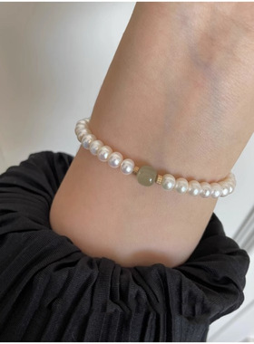 扁圆淡水珍珠手链女感和田玉路路通手链新中式手串弹力可调节