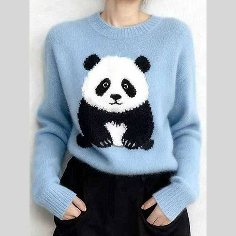 冬新款设计感卡通熊猫针织毛衣女蓝色长袖慵懒高级感内搭上衣2026,淘宝优惠券,粉丝福利购,淘宝优惠卷