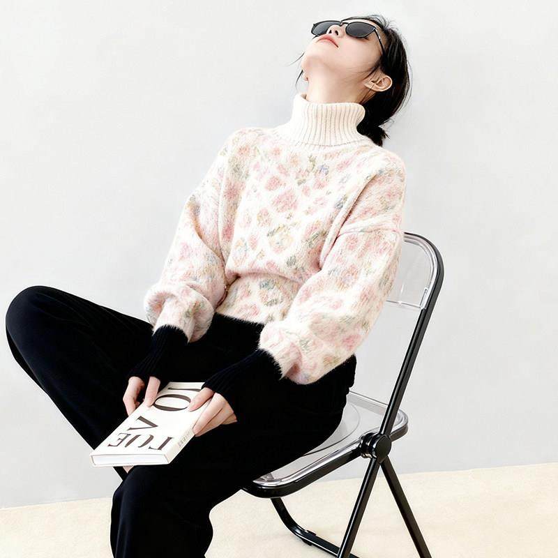 春秋新款复古豹纹风撞色高领毛衣女宽松慵懒高级感针织衫上衣2026,淘宝优惠券,粉丝福利购,淘宝优惠卷