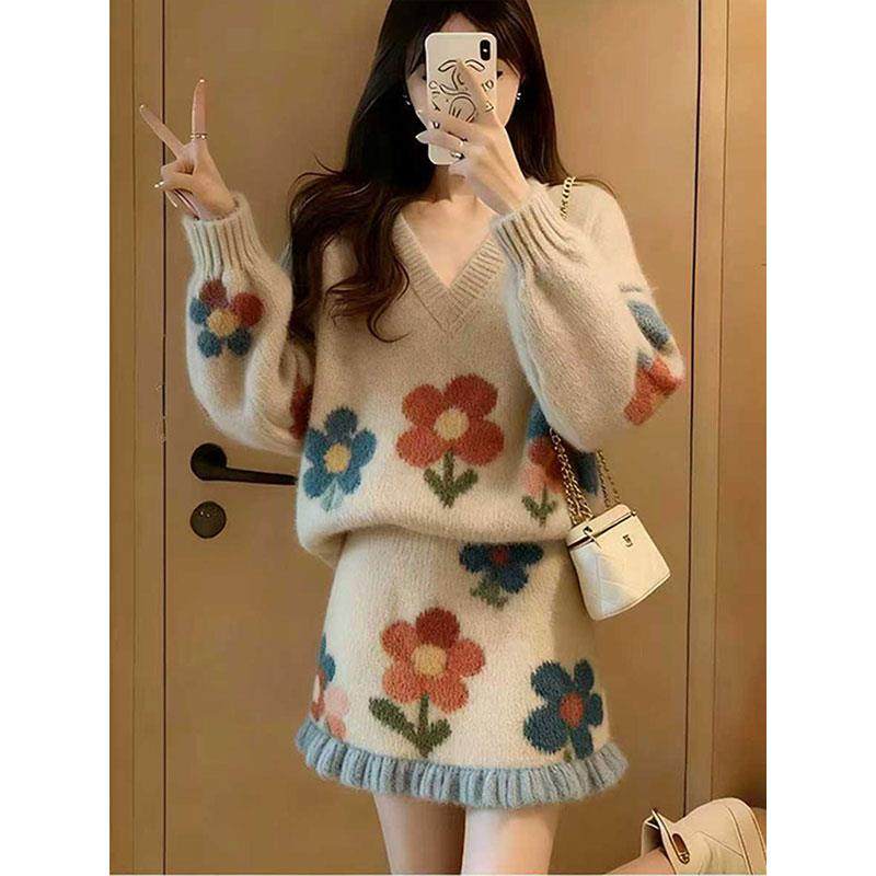 2025休闲新款温柔慵懒风花朵图案针织套装女秋冬毛衣半身裙两件套,淘宝优惠券,粉丝福利购,淘宝优惠卷