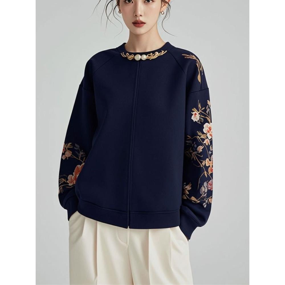 【现货】超好看独特上衣新中式国风藏蓝色卫衣外套女2025秋季新款 - 图1