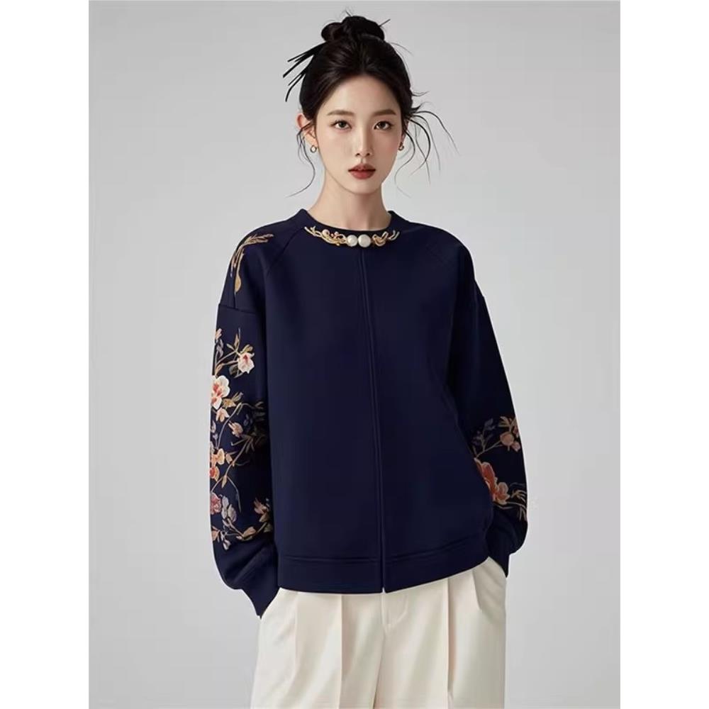 【现货】超好看独特上衣新中式国风藏蓝色卫衣外套女2025秋季新款 - 图3