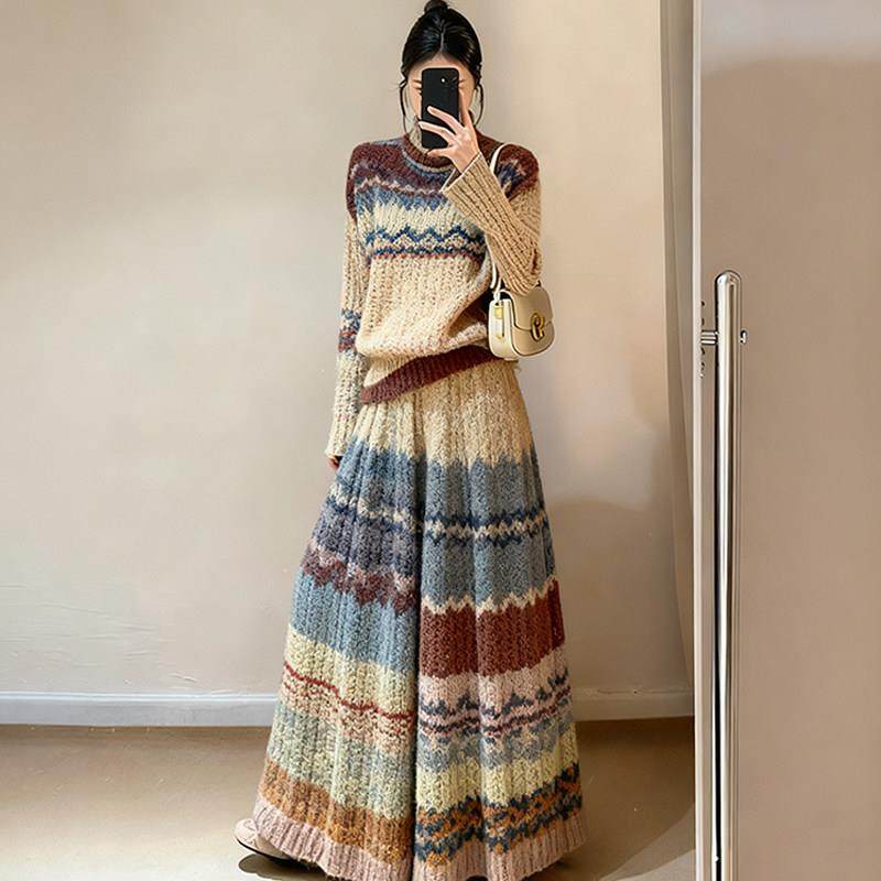 2025秋冬复古彩虹系毛衣半身裙套装女冬季两件套大码女装显瘦减龄,淘宝优惠券,粉丝福利购,淘宝优惠卷