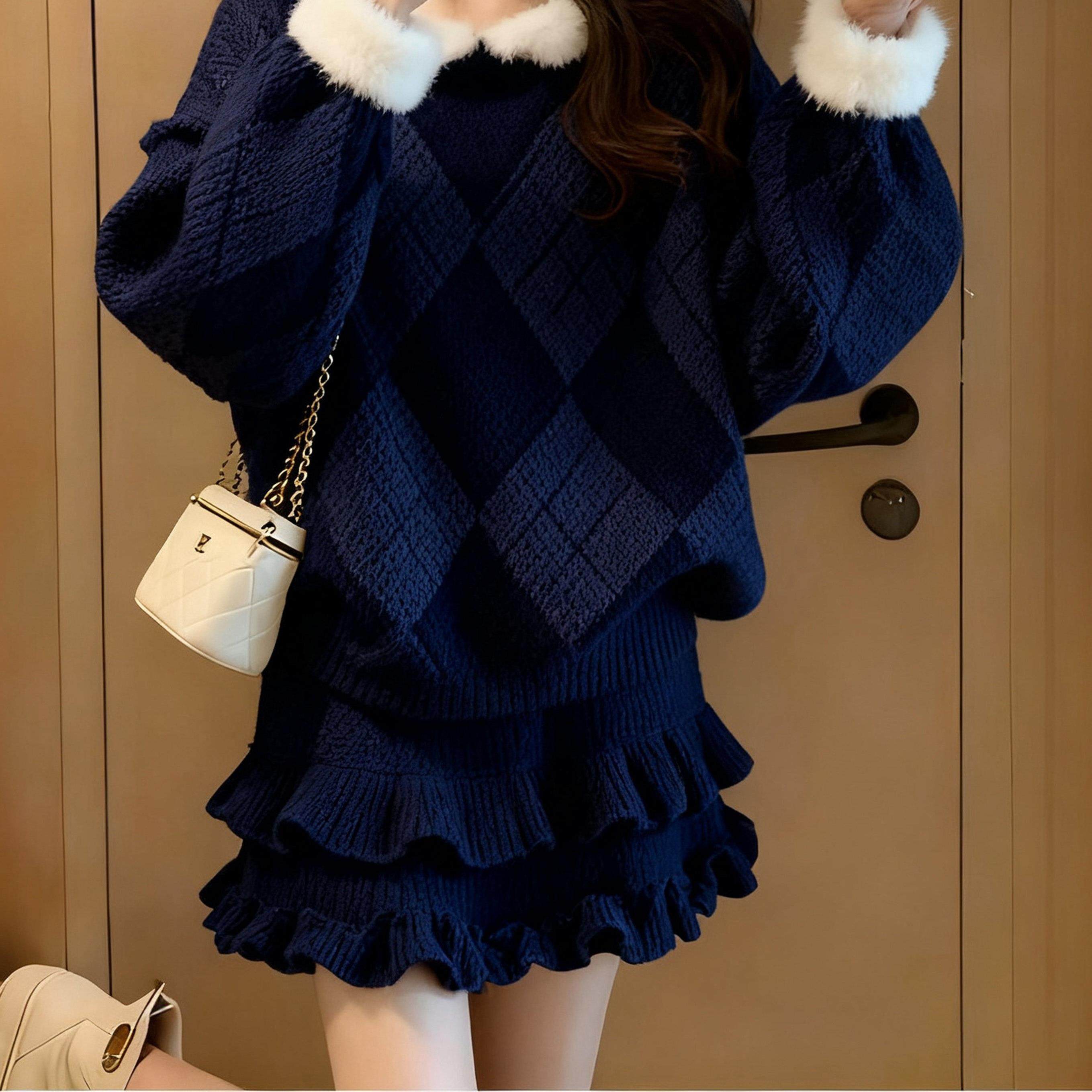 2026新款法式毛绒毛衣花边短裙秋冬针织套装女温柔风两件套,淘宝优惠券,粉丝福利购,淘宝优惠卷