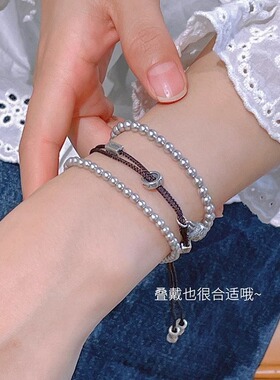 Ivy正圆施家珍珠真多麻灰手链14k包金精致简约时尚百搭款小众设计