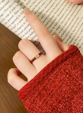 拉红色滴油长方形开口戒指新款个性潮流食指戒简约高级感手饰