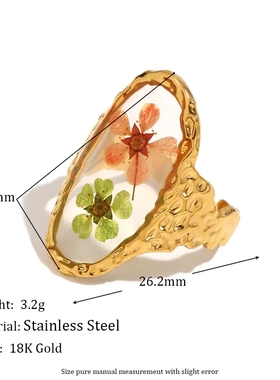 欧美小众复古气质手饰不锈钢镀18k金捶打纹透明椭圆开口花朵戒指