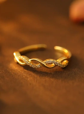 s925银编织麻花锆石戒指女个性开口冷淡风新款潮食指环指戒