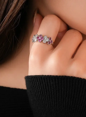 高级感锆石花朵开口戒指小众个性食指戒时尚气质轻奢风手饰女