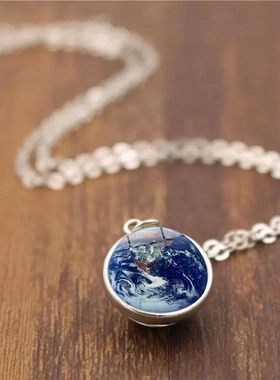 地球图案双面水晶玻璃球吊坠项链女百搭欧美饰品复古毛衣链