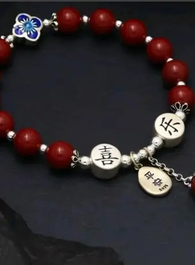 新款小手链女高级感百搭磨砂珠胖福事成牌银手饰品礼物