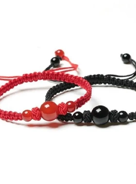 水晶 天然红玛瑙情侣手链女手工编织手绳流行首饰黑曜石手链