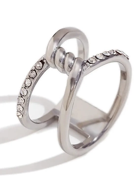 欧美时尚小众复古爆款手饰钛钢镀18k双层镂空绕线微镶水钻戒指女