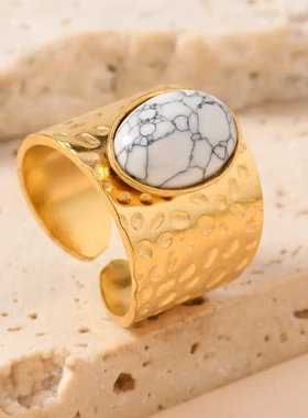 欧美风天然石不锈钢戒指轻奢设计油压椭圆宝石开口戒潮流百搭饰品