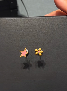 S925纯银不对称星星花朵耳钉女