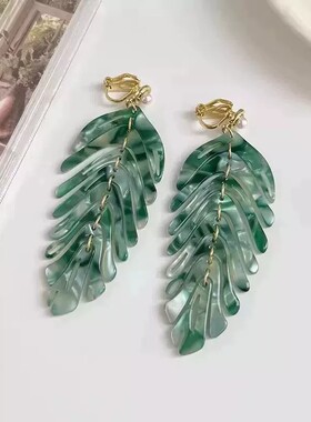 S925纯银绿色树叶流苏耳夹女