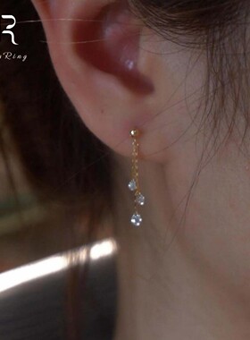 S925纯银复古金色水滴流苏耳钉女