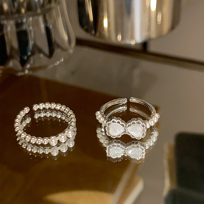 Korean sweet cat-eye bow pearl ring, gentle temperament index finger ring, high-end and versatile stacking ring