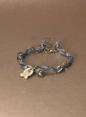 S925纯银复古蓝色编绳小鱼手链女