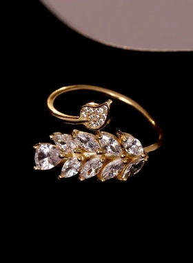 s925银高级感镶钻麦穗戒指女开口可调节树叶食指环轻奢气质