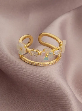 贝壳花朵镶钻双层开口戒指女小众设计高级感时尚食指个性开口指环