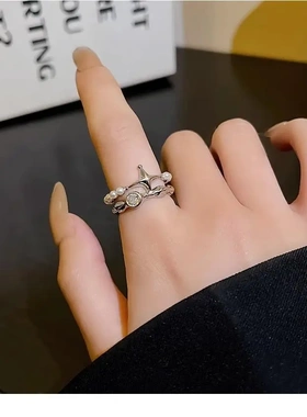 四芒星双层设计感珍珠戒指女冷淡风ins高级感百搭食指开口戒指环