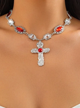 欧美ins轻奢镶钻红宝石十字架吊坠项链 个性液态熔岩金属项饰