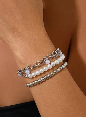 欧美饰品 时尚braelet串珠手链套装 气质仿珍珠简约多层手链