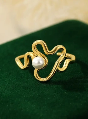 s925银不规则几何镶贝珠戒指女质感个性小众开口可调节指环