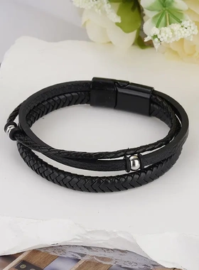 男款饰品手工超纤编织不锈钢牛皮男士手链皮革串珠