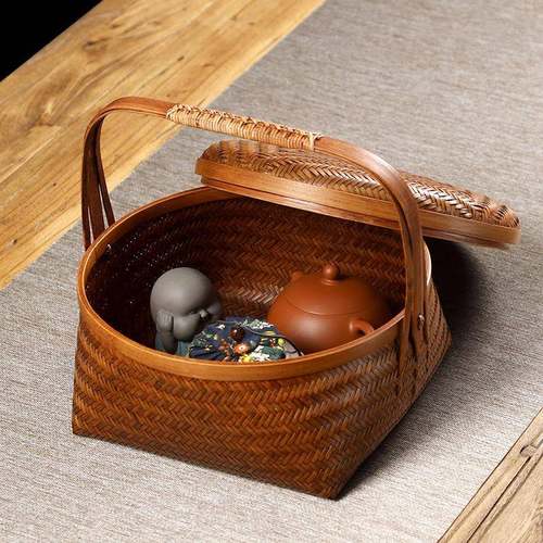 纯手工竹编大漆提篮家用带盖茶具收纳筐竹筐储物竹篮子水果篮 - 图0