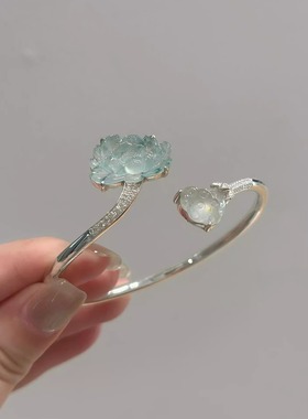 【惟有绿荷红菡萏】淡雅莲花银色手镯女错位设计小众个性绝美手饰