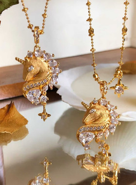 梦幻木马中古拉丝闪钻芒星独角兽吊坠项链女精致高级感锁骨链金色