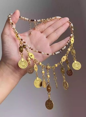 波西米亚金色圆牌多流苏项链小众美式辣妹度假风高级感双层锁骨链