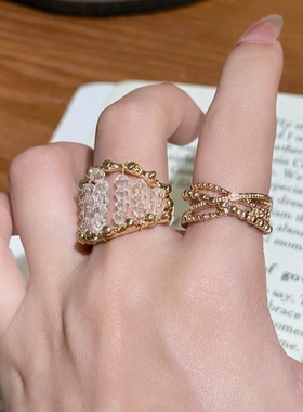 中古风咖金色仿水晶戒指女个性独特显白食指戒指可调节指环新款
