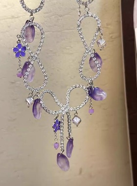 双层钻紫色流苏蝴蝶结项链