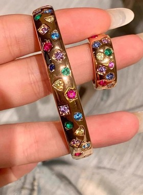 两件套！权志龙同款宽边镶嵌多彩闪钻手镯女小众设计高级感戒指