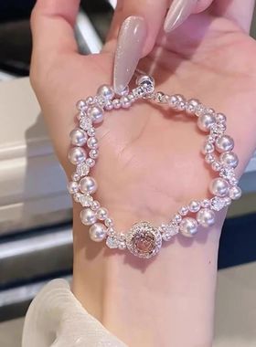 法式蓝色玫瑰花锆石珍珠手链2025新款爆款精致复古抽拉式爆闪手饰