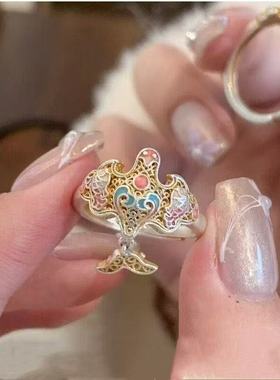 珐琅彩纸鸢戒指女款开口叠戴国风新中式小众设计感镂空繁花食指戒