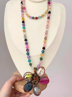 Vintage古着花朵彩色玻璃珠项链夏日复古长款毛衣链双层叠戴颈链