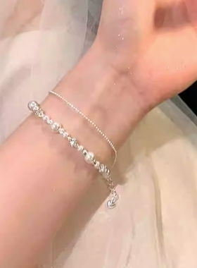 韩系爆闪钻球珍珠双层手链女轻奢小众高级感手串叠戴手绳手饰配饰