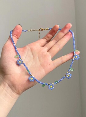 小清新蓝色花朵串珠小众锁骨链