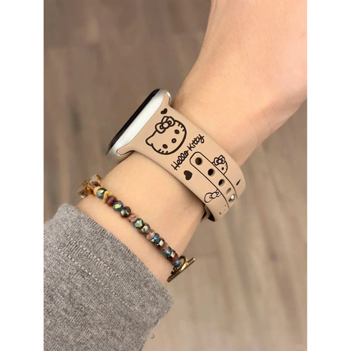 撞色KT猫适用applewatch硅胶表带iWatch11/10/9/8凯蒂猫印花蝴蝶扣柔软苹果手表ultra运动透气可爱腕带女春夏 - 图1
